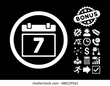 Week pictograph with bonus elements. Vector illustration style is flat iconic symbols, white color, black background.