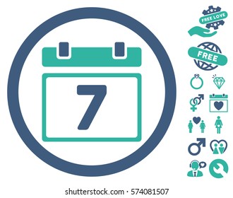 Week pictograph with bonus love symbols. Vector illustration style is flat rounded iconic cobalt and cyan symbols on white background.