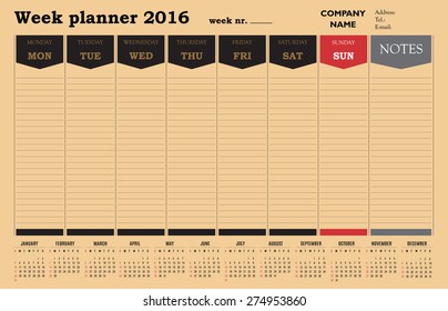 Week planner 2016 calendar - brown design