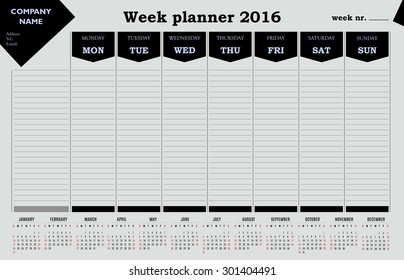 Week planner 2016 calendar for companies and private use. - simple design