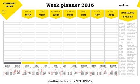 Week planner 2016 calendar for companies and private use. - holidays and events posted inside