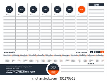 Week Planner 2016 Calendar Vector Design Template. Week Starts Monday.For office or private use. Size A3.