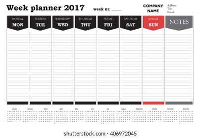 Week planner 2017 calendar - black and white design for office and private use.