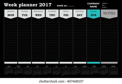 Week planner 2017 calendar - black and green design for office and private use.