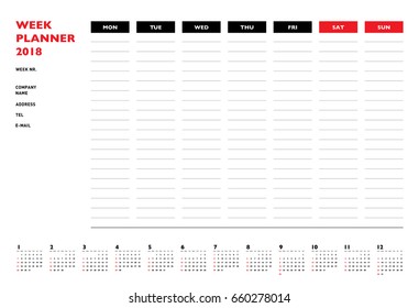Week planner 2018 calendar for companies and private use