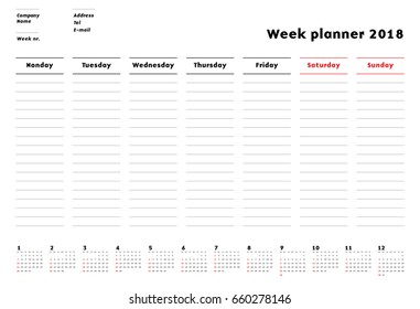 Week Planner 2018 Calendar For Companies And Private Use