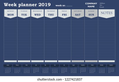 Week planner 2019 calendar, schedule and organizer for companies and private use