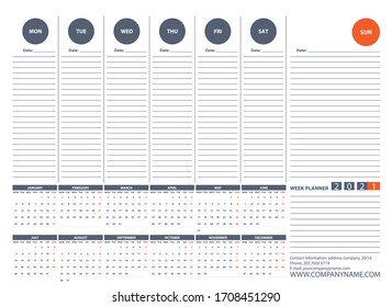Plantilla de diseño de vectores de calendario del Planificador de Semana 2021. La semana empieza el lunes. Para uso privado o de oficina.