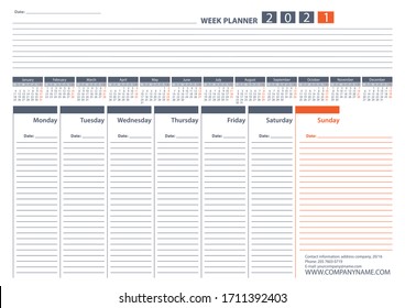 Week Planner 2021 Calendar Vector Design Template. Week Starts Monday. For office or private use.