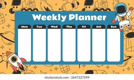 Week planner calendar schedule space style for kids concept. Vector graphic design element illustration
