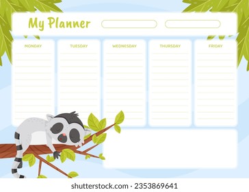 Week Planner with Cute Lemur Funny Exotic Animal Snore on Tree Branch Vector Template