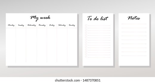 Week planner of minimalist style on the gray gradient background. To do list, notes. Set of my week. Vector illustration