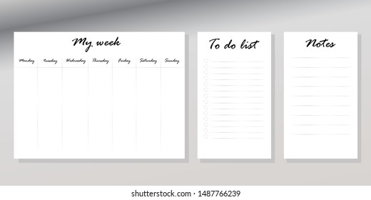 Week planner of minimalist style on the gray gradient background. To do list, notes. Set of my week. Vector illustration