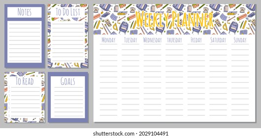 Week planner and notes pages collection set with school stationeries clipart in hand drawn vector style. Drawing page for notes, notebooks, diary, organizer and schedule