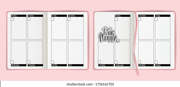 Week planner template. Pink open notebook mock up, bullet journal, week planner, diary top view.