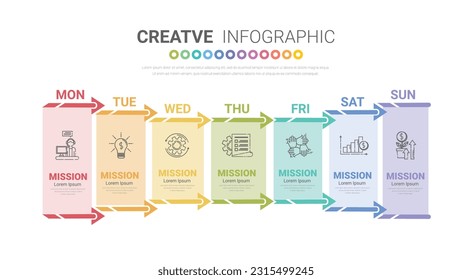 Week planner, Timeline business for 7 day, Presentation business can be used for Business workflow layout, diagram, number step up options. EPS vector.