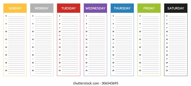 Week planning calendar in colors of the day (Sunday to Saturday)