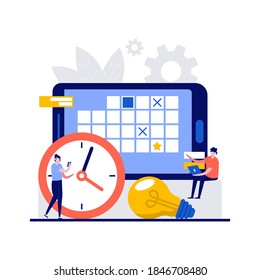 Week schedule, daily play, work organizer concepts with character. People stand near smartphone, clock. Modern flat style for landing page, mobile app, poster, web banner, infographics, hero images.