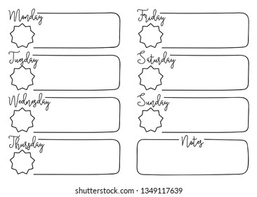 Week schedule in hand drawn style. Hand letteting names of the week days. Drawing in thin lines. Concept for diary page.