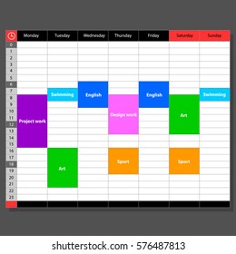Week schedule. The illustration shows a template for a week planner