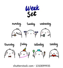 Week set hand drawn illustrations with cute marshmallow seven days together cartoon minimalism