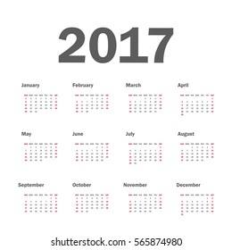 Week Starts Sunday. Simple Vector Template Calendar 2017 On White Background.
