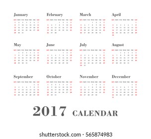 Week Starts Sunday. Simple Vector Template Calendar 2017 On White Background.