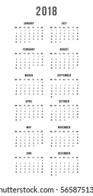Week Starts Sunday. Simple Vector Template Calendar 2018 On White Background.