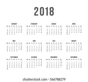 Week Starts Sunday. Simple Vector Template Calendar 2018 On White Background.