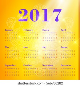 Week Starts Sunday. Simple Vector Template calendar 2017on yellow background.