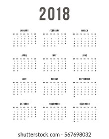 Week Starts Sunday. Simple Vector Template Calendar 2018 On White Background.