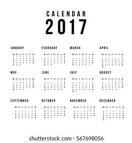 Week Starts Sunday. Simple Vector Template Calendar 2017 On White Background.