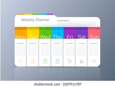 Week timeline planner schedule, diary calendar. Vector weekly seven days timetable template from Monday to Sunday. 3d business layout design, infographics chart or folder with marketing icons