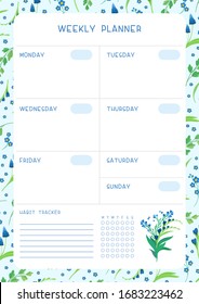 Week timetable and habit tracker blue wild flowers flat vector template. Calendar design with floral blooms and petals on white background. Personal tasks organizer blank page for planner