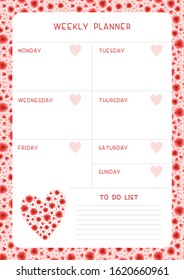 Week timetable and habit tracker red flowers and hearts flat vector template. Calendar design with wildflowers blossoms and petals on white background. Personal tasks organizer blank page for planner