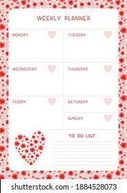 Week timetable and habit tracker red flowers and hearts flat vector template. Calendar design with wildflowers blossoms and petals on white background. Personal tasks organizer blank page for planner
