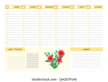 Week timetable and habit tracker wild flowers flat vector template. Calendar design with floral blooms and petals on white background. Personal tasks organizer blank page for planner