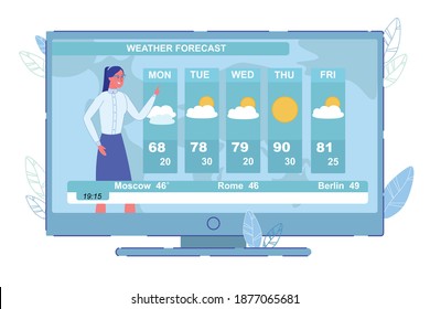 Week Weather Forecast in Country and World. Television News and Announcement. Woman Newsreader Reporter at Work on TV-Set Screen. Anchorwoman Presenting Meteorology Newscast. Vector Illustration