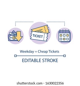 Weekday equals cheap tickets concept icon. Budget tourism, cost effective booking idea thin line illustration. Ordering tour beforehand. Vector isolated outline RGB color drawing. Editable stroke
