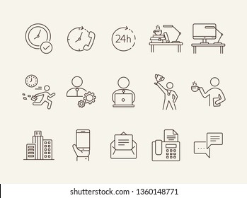 Weekday line icon set. Late for work, coffee break, office building. Business concept. Can be used for topics like worker, employee, manager