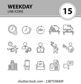 Weekday line icon set. Late for work, coffee break, office building. Business concept. Can be used for topics like worker, employee, manager