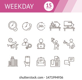 Weekday line icon set. Late for work, coffee break, office building. Business concept. Can be used for topics like worker, employee, manager