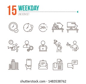 Weekday line icon set. Late for work, coffee break, office building. Business concept. Can be used for topics like worker, employee, manager