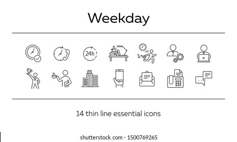 Weekday line icon set. Late for work, coffee break, office building. Business concept. Can be used for topics like worker, employee, manager