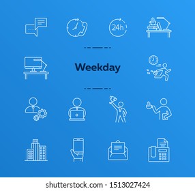 Weekday line icon set. Late for work, coffee break, office building. Business concept. Can be used for topics like worker, employee, manager