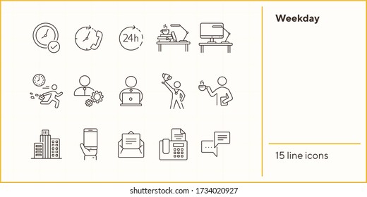 Weekday line icon set. Late for work, coffee break, office building. Business concept. Can be used for topics like worker, employee, manager
