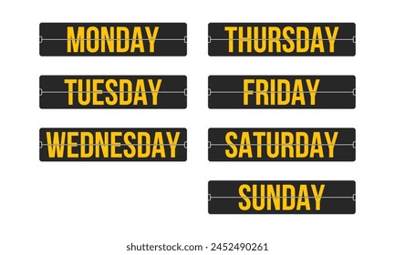 Weekday names flip board. Retro style analog clock plates.