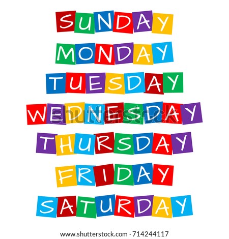 weekday names set, text in colorful rotated squares