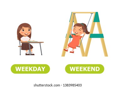 WEEKDAY and WEEKEND antonyms word card vector template. Flashcard for english language learning. Opposites concept. Little  girl sits at school desk, joyful girl swinging on a swing. Illustration