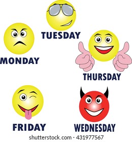 weekdays emoticon icons, Love emoji set, isolated on white background, vector illustration.